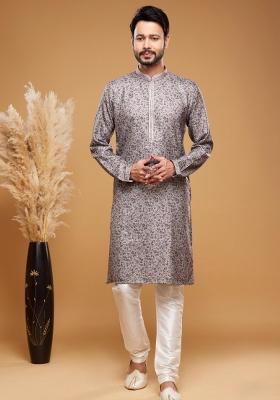 Grey Embroidery Silk Kurta Set