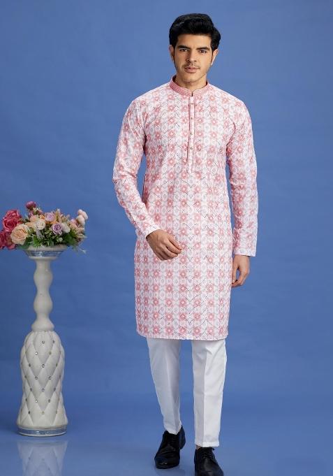 Pink Embroidery Cotton Kurta Set