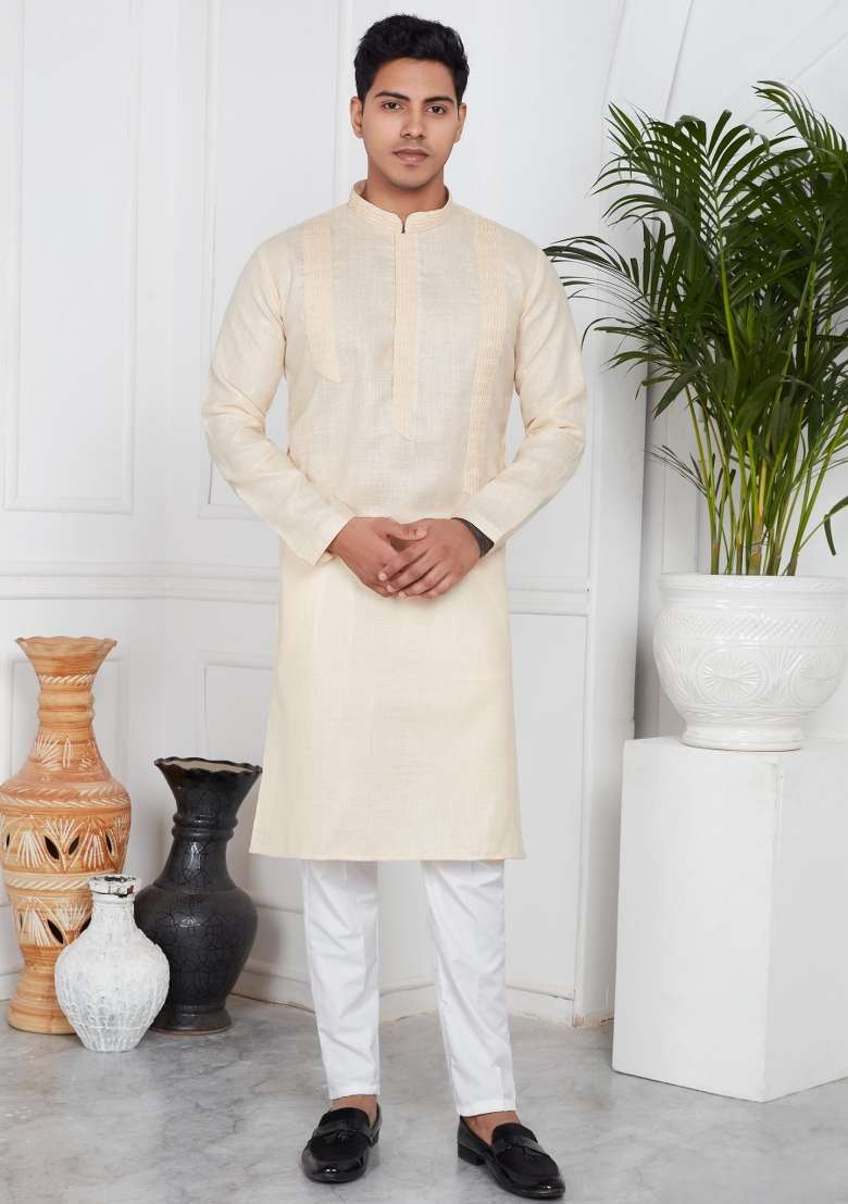 Beige Embroidery Cotton Kurta Set - Indya