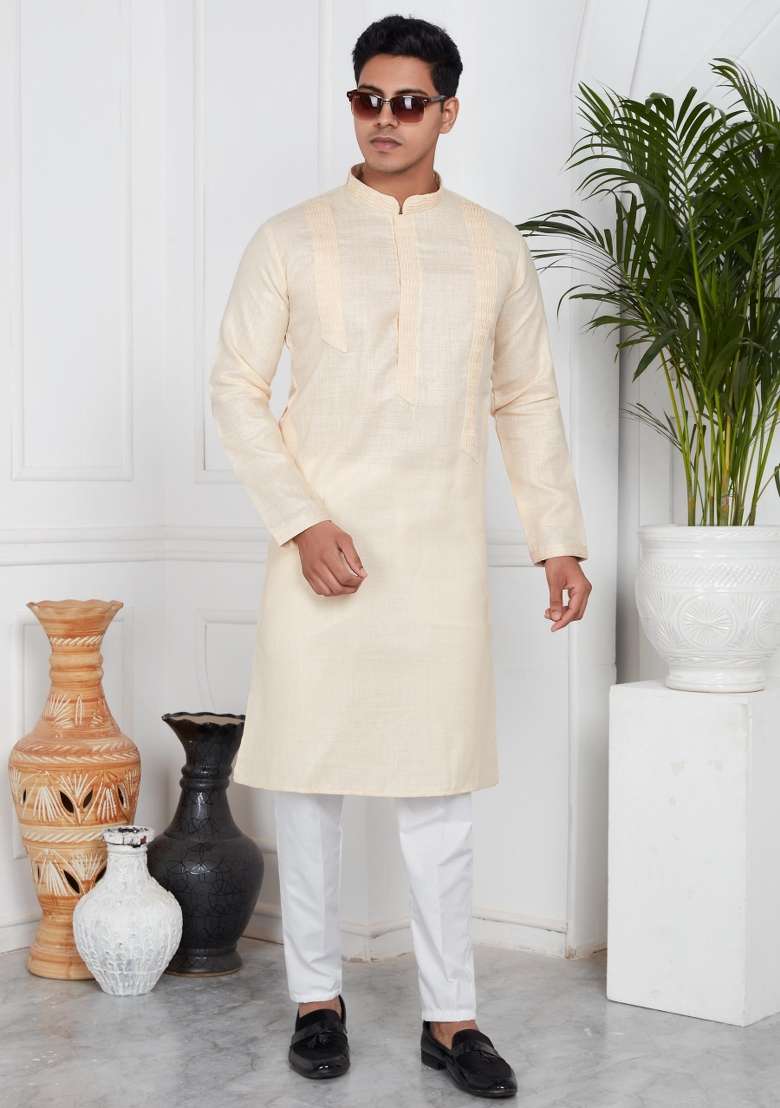Beige Embroidery Cotton Kurta Set - Indya