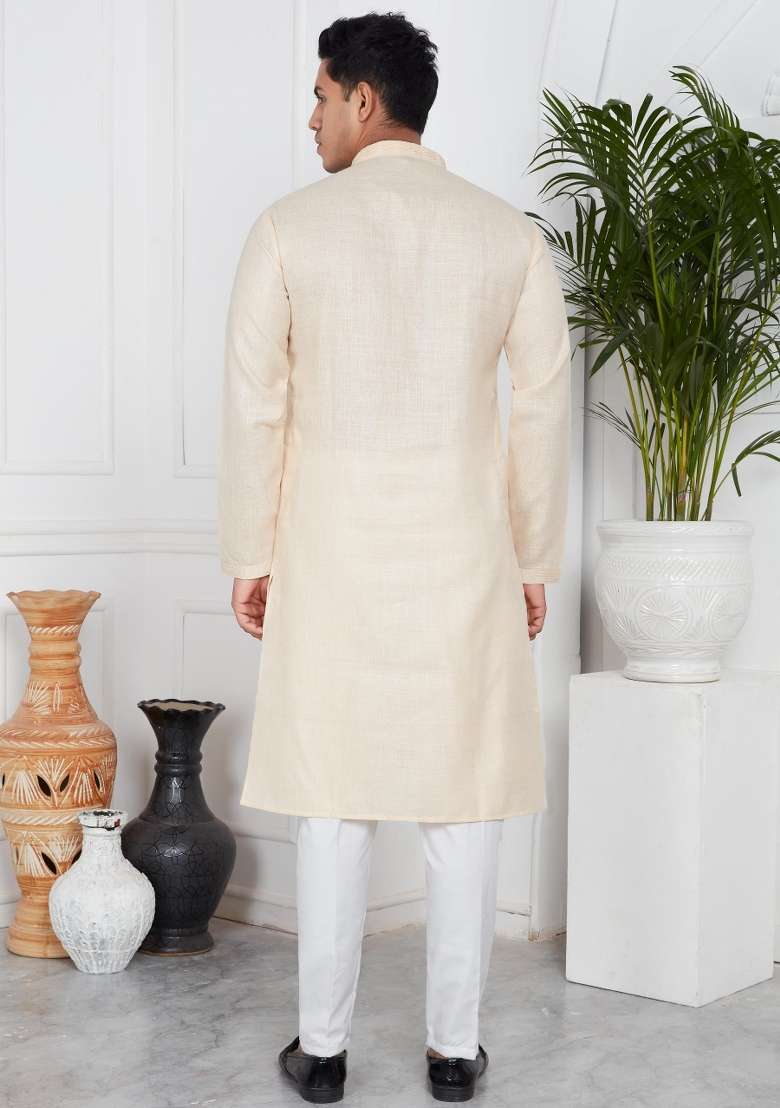 Beige Embroidery Cotton Kurta Set - Indya