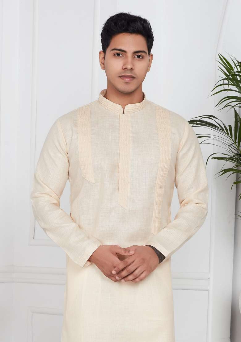 Beige Embroidery Cotton Kurta Set - Indya