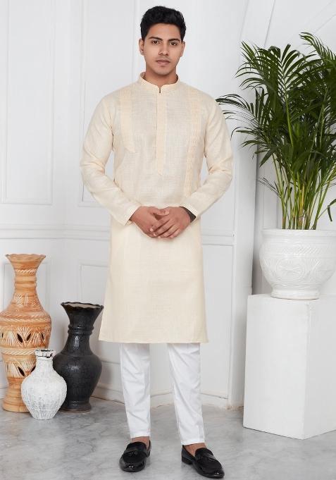Beige Embroidery Cotton Kurta Set