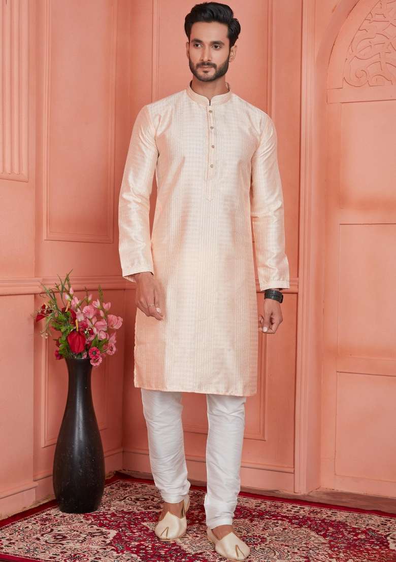 Peach Embroidery Jacquard Kurta Set - Indya