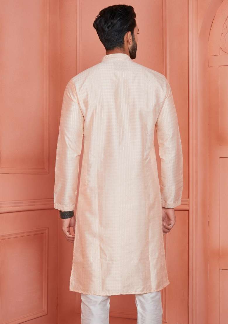 Peach Embroidery Jacquard Kurta Set - Indya