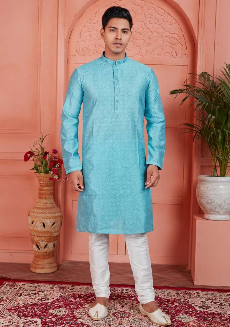 Blue Embroidery Jacquard Kurta Set - Indya