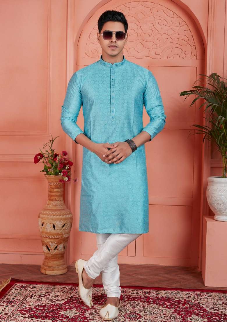 Blue Embroidery Jacquard Kurta Set - Indya