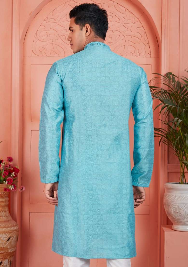 Blue Embroidery Jacquard Kurta Set - Indya
