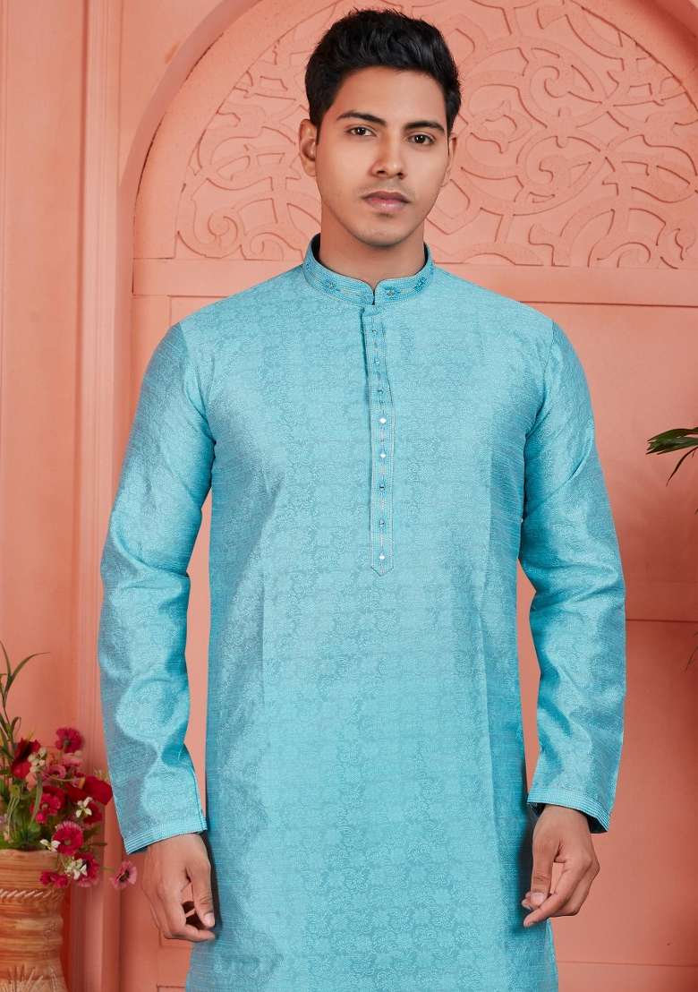 Blue Embroidery Jacquard Kurta Set - Indya