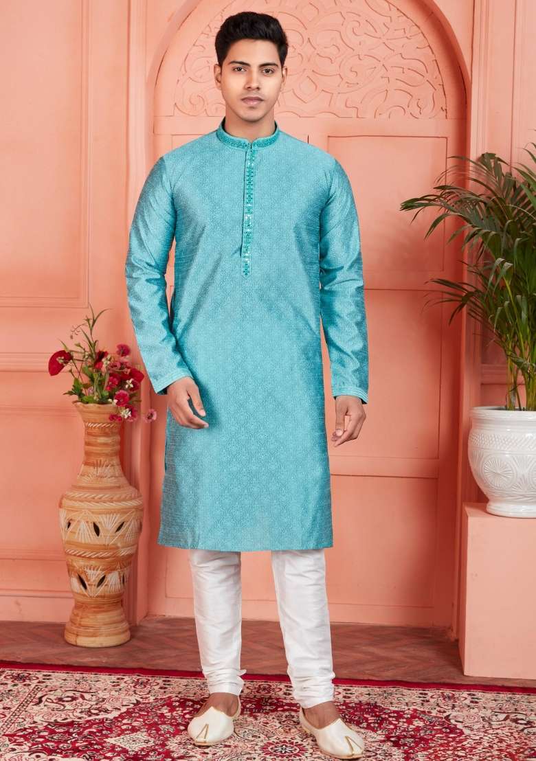 Blue Embroidery Jacquard Kurta Set - Indya
