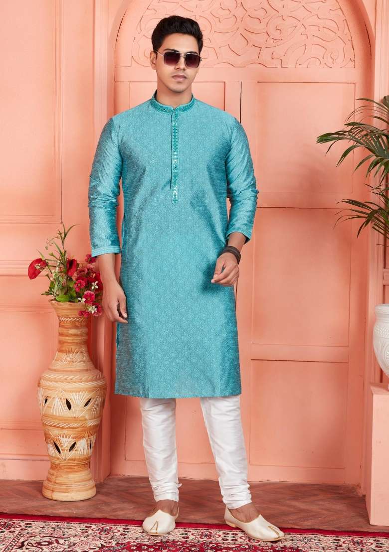Blue Embroidery Jacquard Kurta Set - Indya