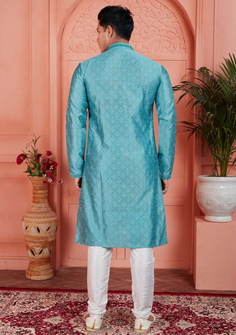 Blue Embroidery Jacquard Kurta Set - Indya