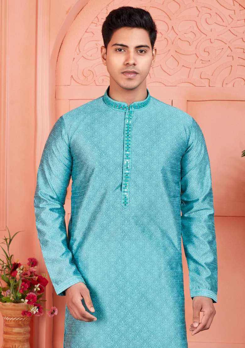 Blue Embroidery Jacquard Kurta Set - Indya