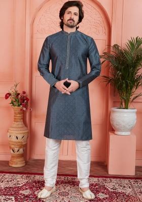 Grey Embroidery Jacquard Kurta Set