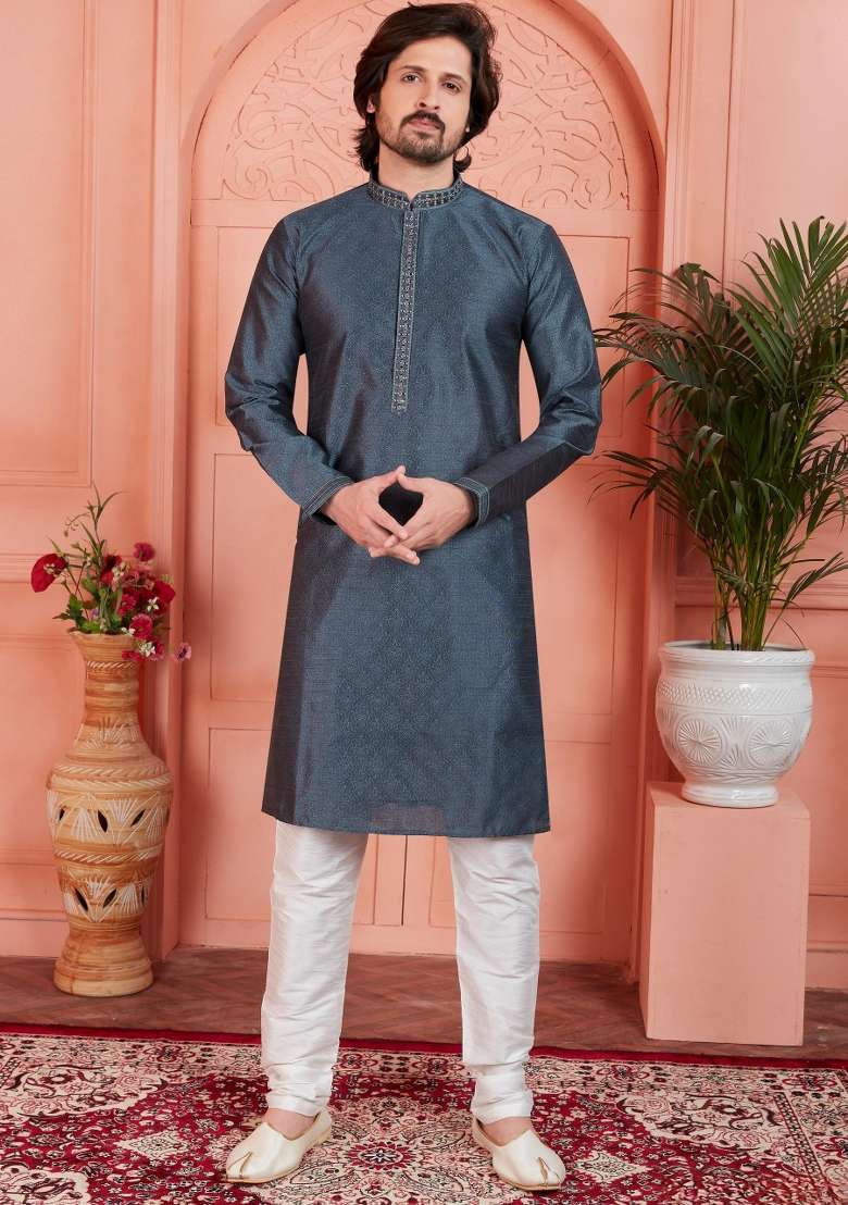 Grey Embroidery Jacquard Kurta Set - Indya
