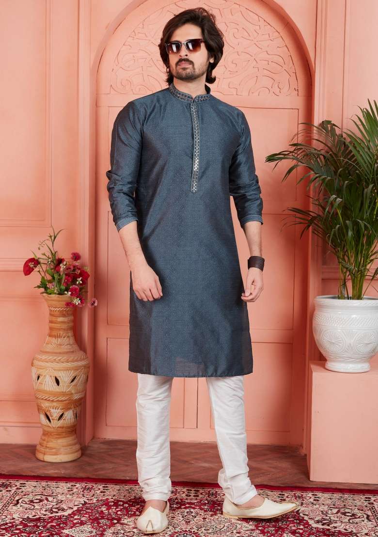 Grey Embroidery Jacquard Kurta Set - Indya