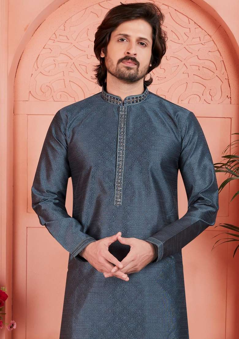 Grey Embroidery Jacquard Kurta Set - Indya