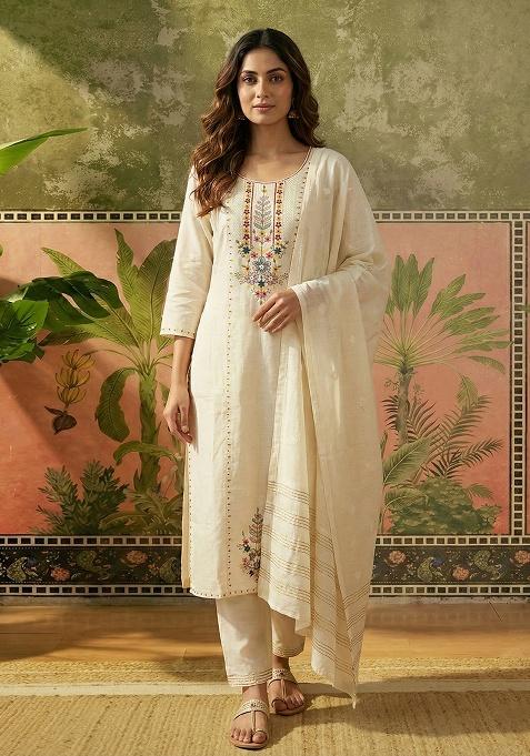 Off White Embroidered Cotton Straight Kurta Set