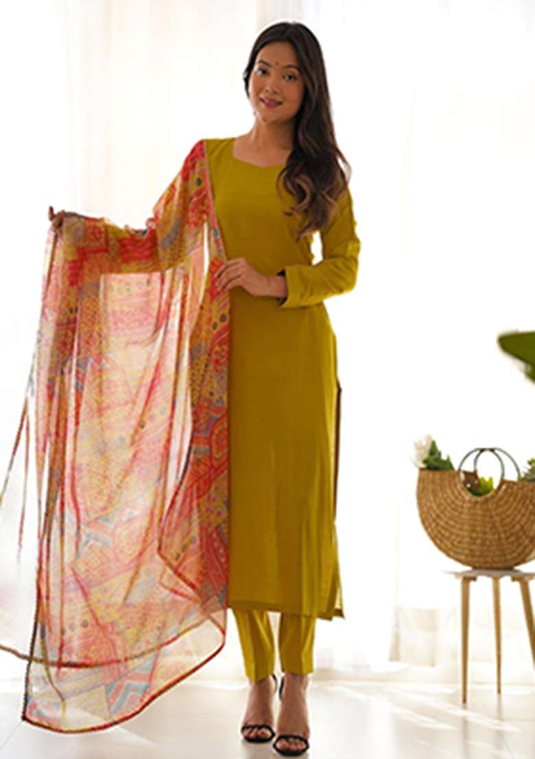 Yellow Solid Viscose Kurta Set - Indya