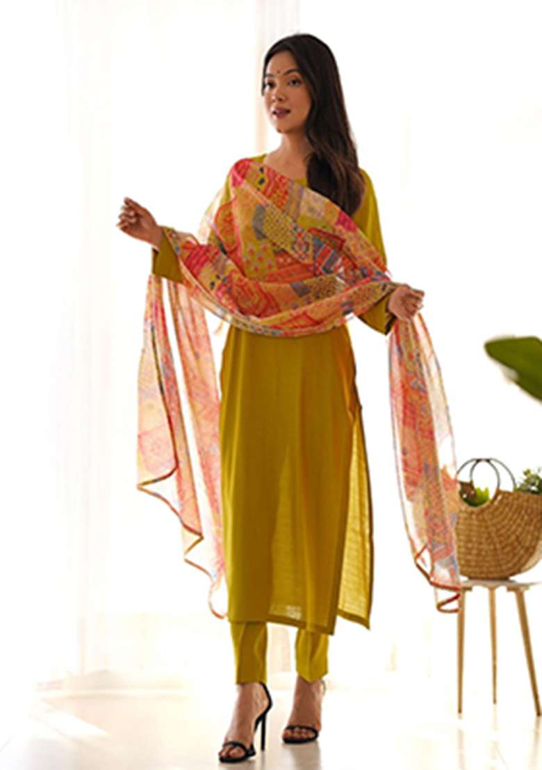 Yellow Solid Viscose Kurta Set - Indya
