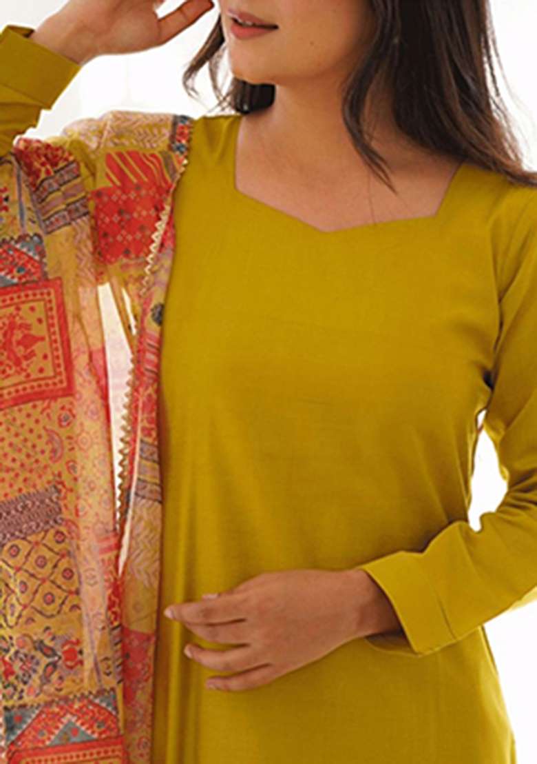 Yellow Solid Viscose Kurta Set - Indya
