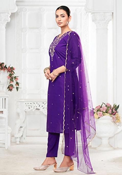 Purple Embroidery Silk Kurta Set
