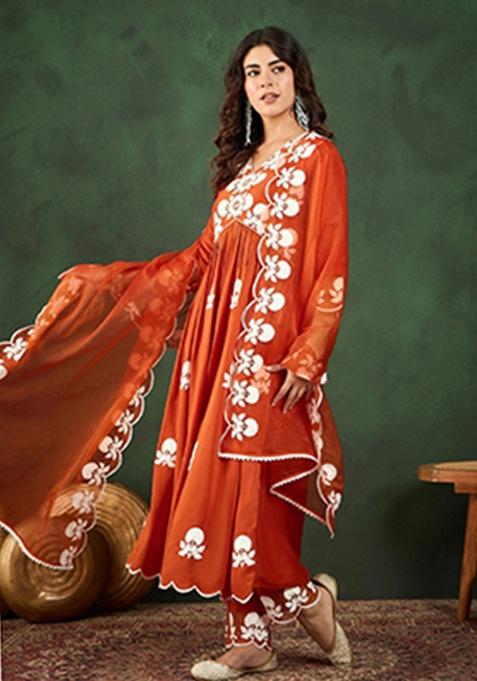 Orange Embroidery Rayon Kurta Set