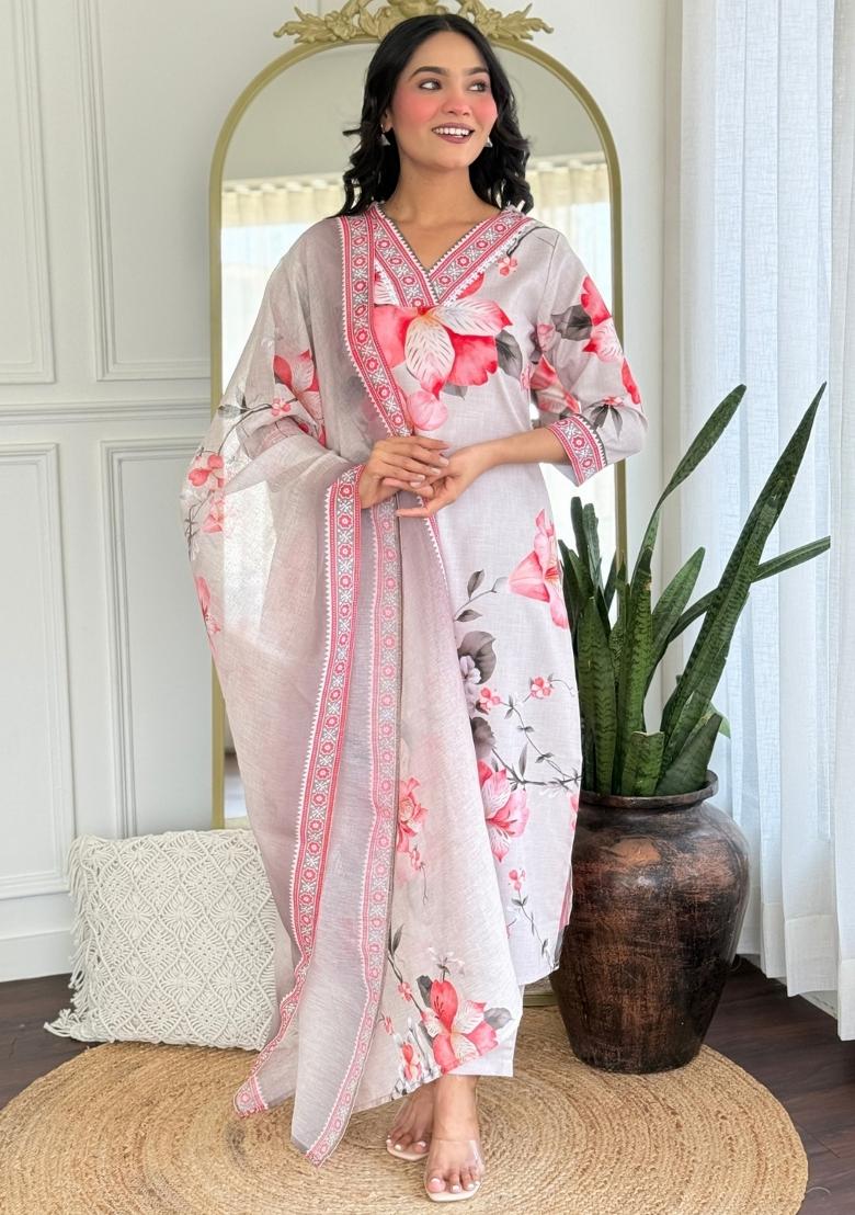 Cream Abstract Print Rayon Kurta Set - Indya