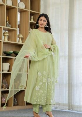 Green Embroidery Chanderi Kurta Set