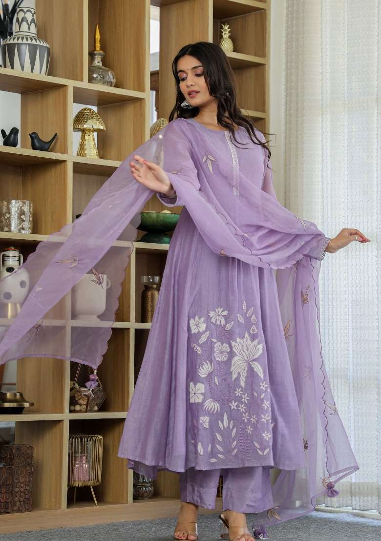 Lavender Embroidered Chanderi Anarkali Set - Indya