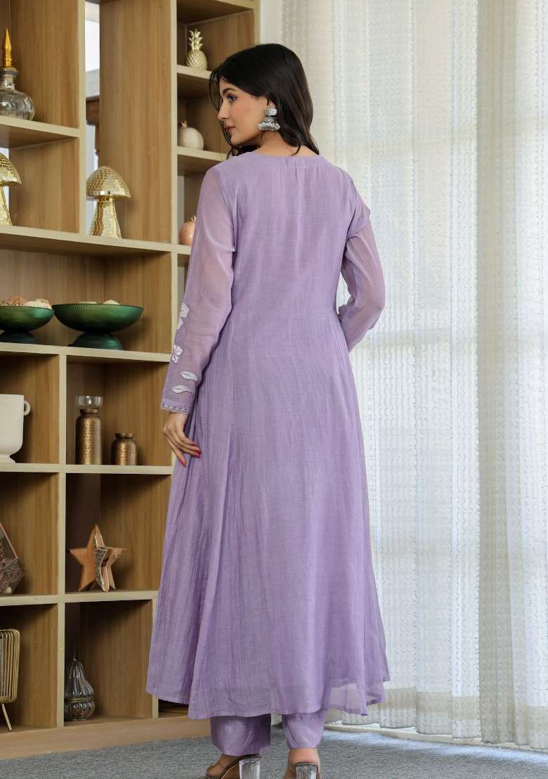 Lavender Embroidered Chanderi Anarkali Set - Indya