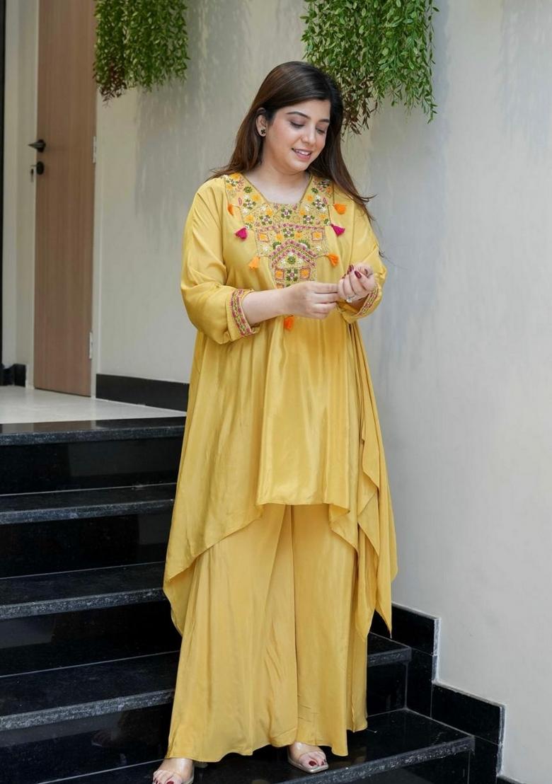 Yellow Embroidery Crepe Kurta With Dupatta - Indya