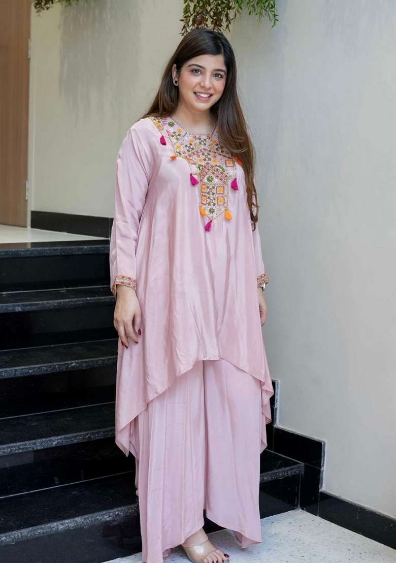 Pink Embroidered Crepe Sharara Set - Indya