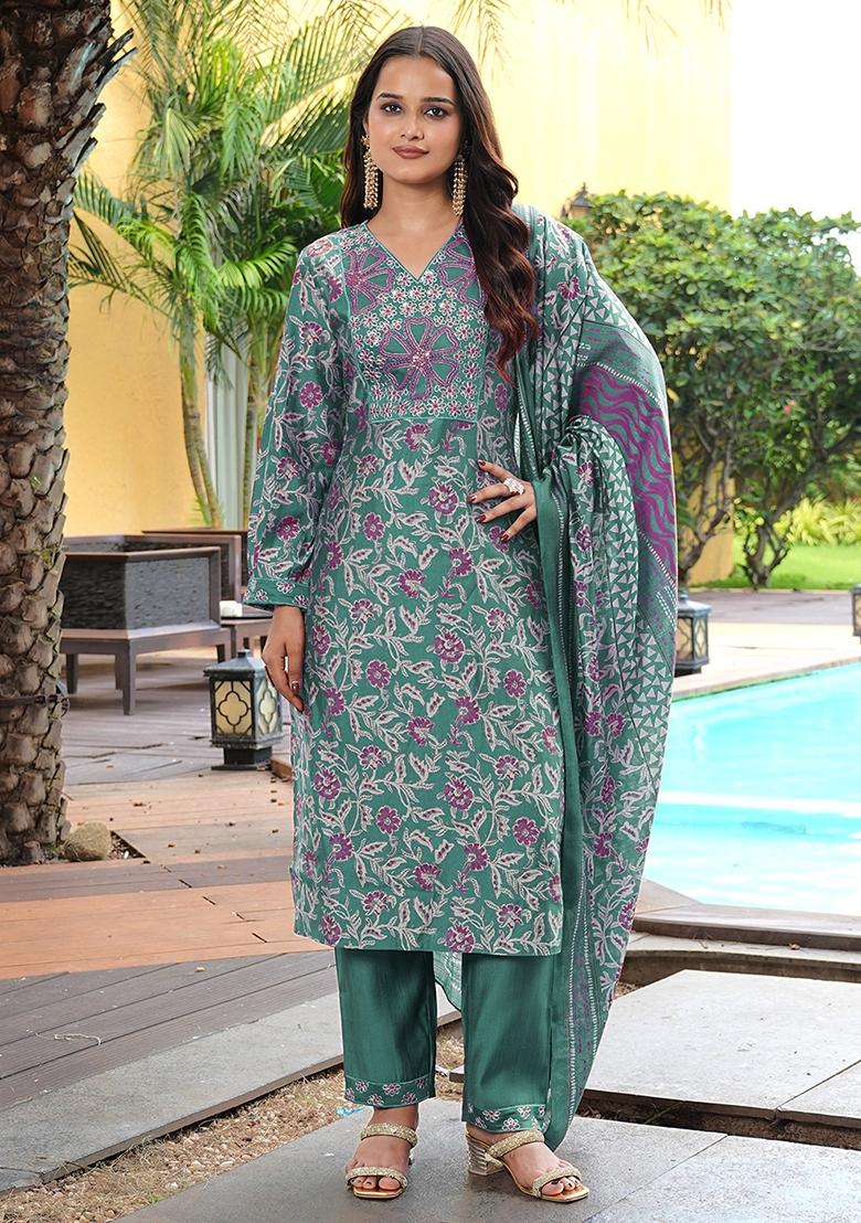 Green Abstract Print Chanderi Kurta Set - Indya