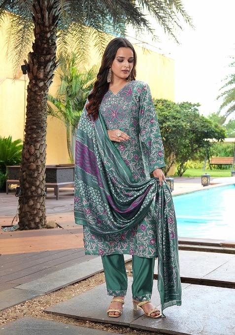 Green Abstract Print Chanderi Kurta Set