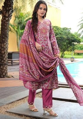 Pink Abstract Print Chanderi Kurta Set