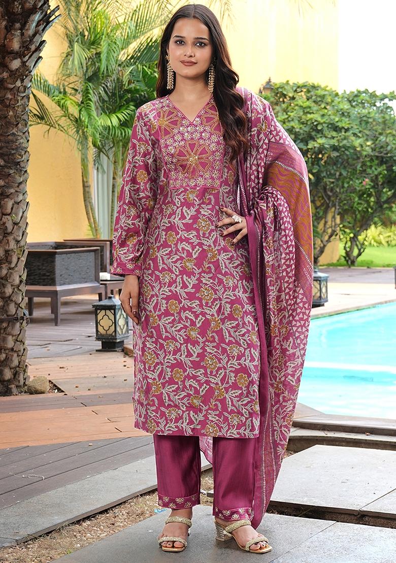 Pink Abstract Print Chanderi Kurta Set - Indya