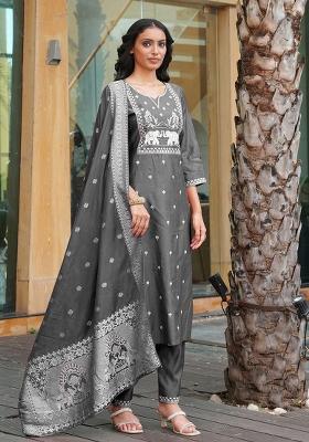 Grey Embroidery Silk Kurta Set