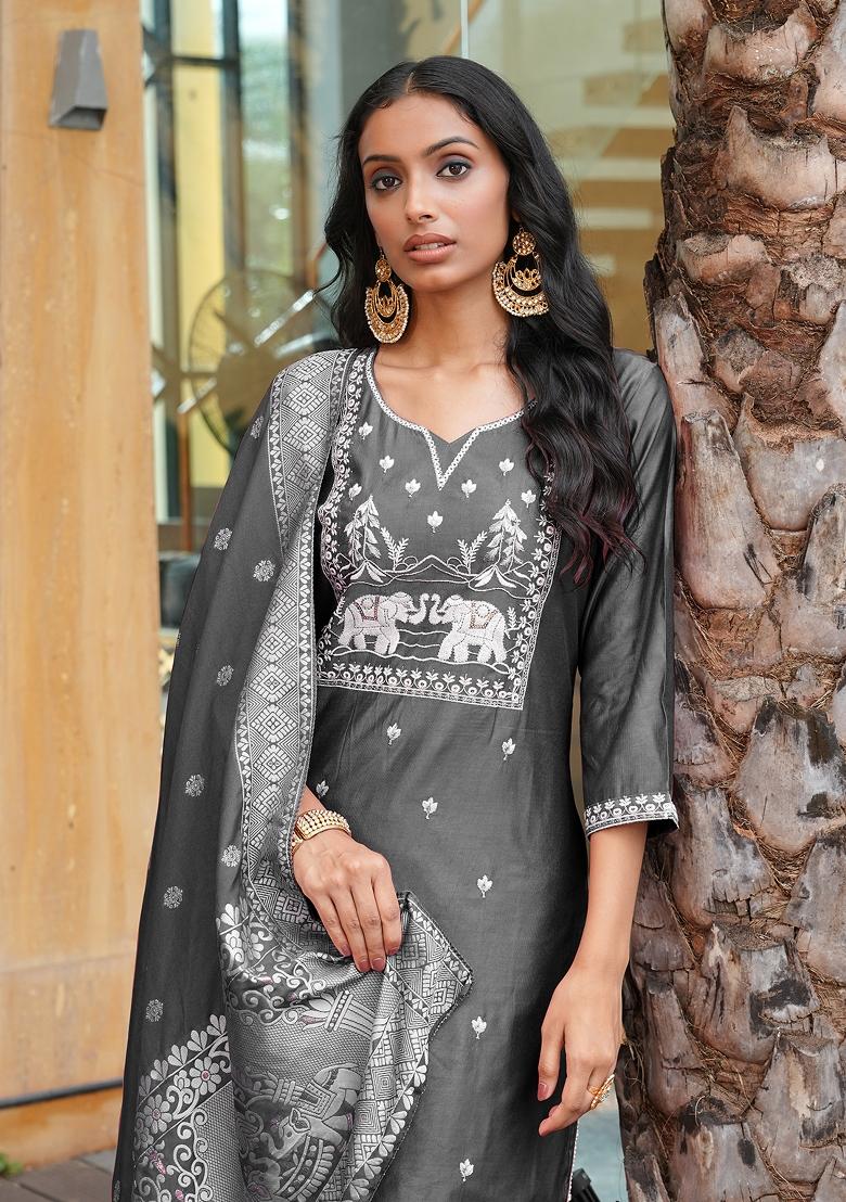 Grey Embroidery Silk Kurta Set - Indya