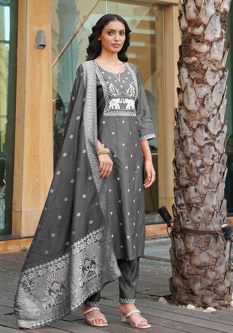 Grey Embroidery Silk Kurta Set