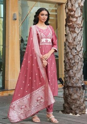 Peach Embroidery Silk Kurta Set