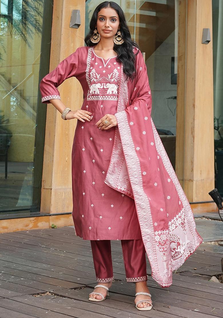 Peach Embroidery Silk Kurta Set - Indya