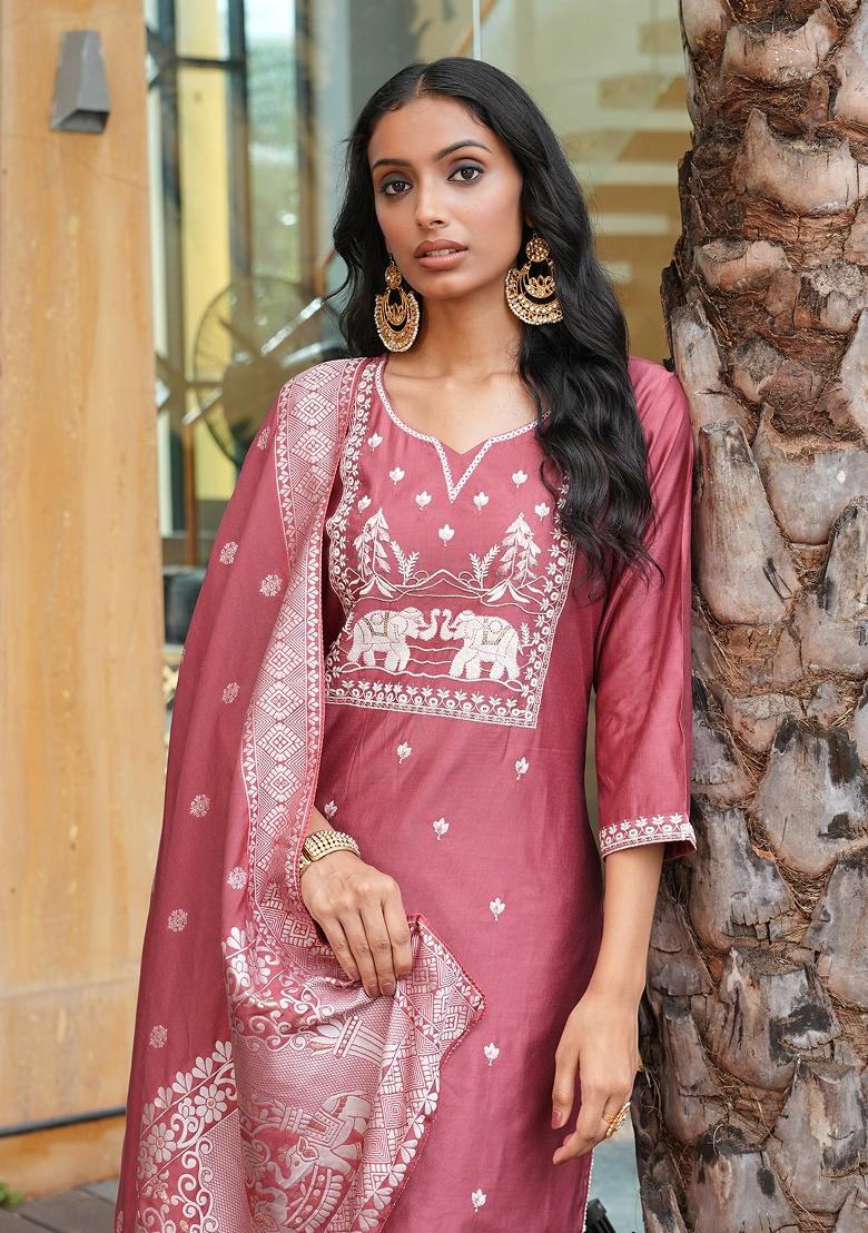 Peach Embroidery Silk Kurta Set - Indya