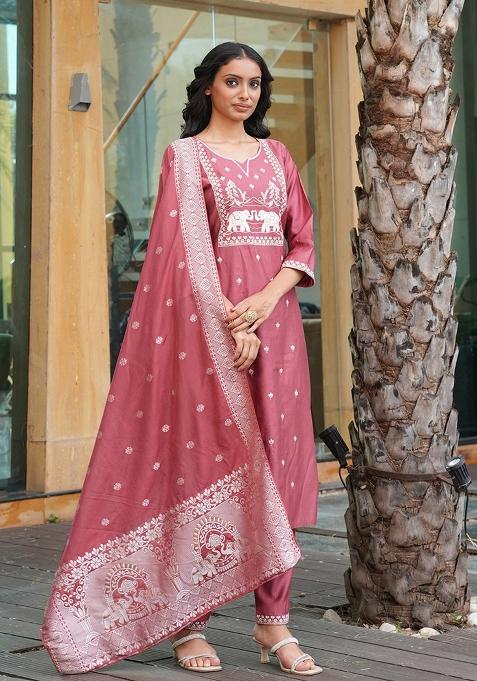 Peach Embroidery Silk Kurta Set