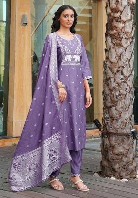 Purple Embroidery Silk Kurta Set