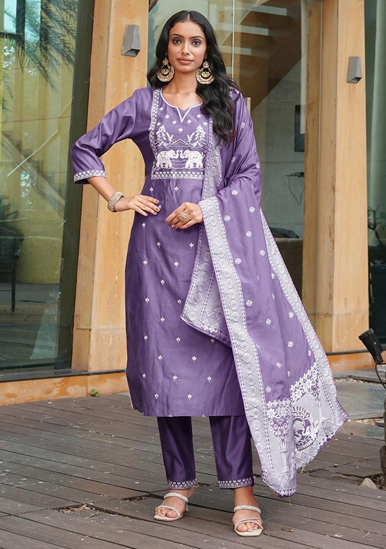 Purple Embroidery Silk Kurta Set - Indya