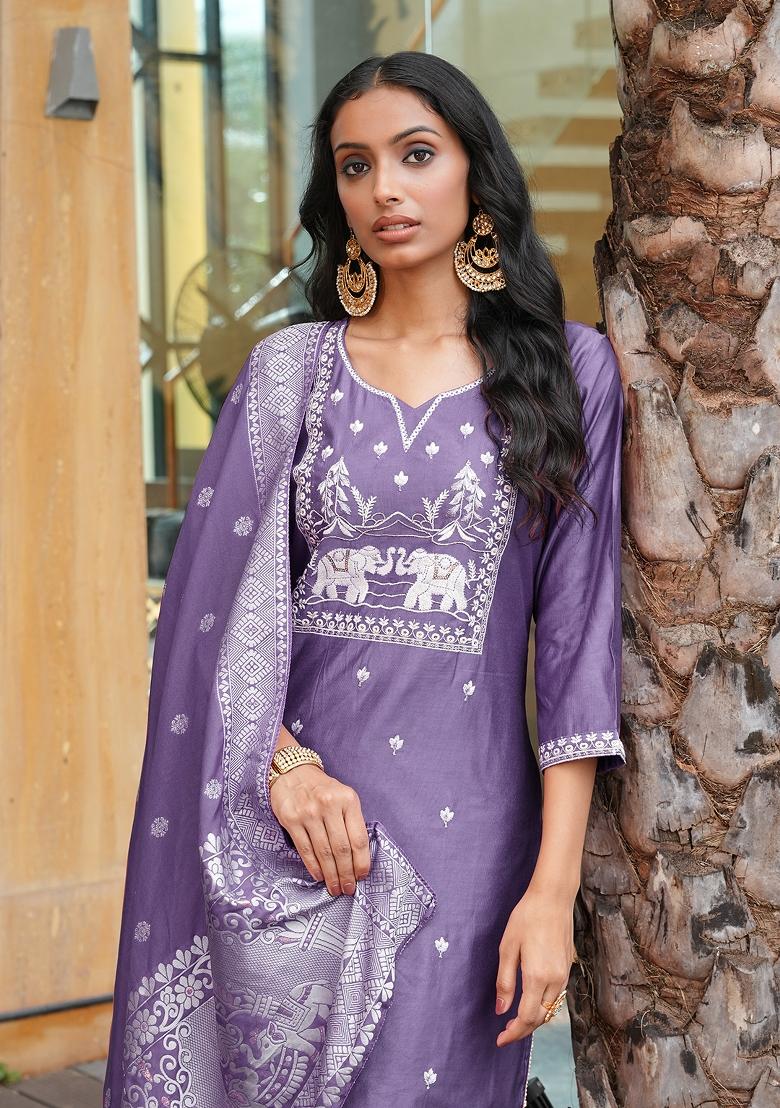 Purple Embroidery Silk Kurta Set - Indya