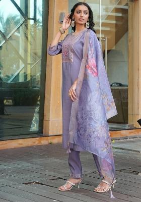 Grey Abstract Print Chanderi Kurta Set