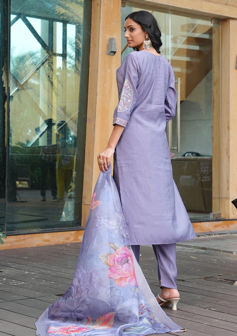 Grey Abstract Print Chanderi Kurta Set - Indya