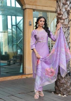 Purple Abstract Print Chanderi Kurta Set